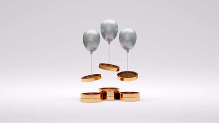 3D Rendering concept of money inflation concept, money spending. Coins are raised up by balloons isolated on background. 3D Render. 3D illustration.の写真素材