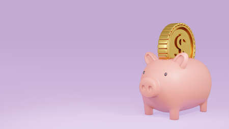3D Rendering concept of a piggy bank with a big golden coin on purple background with blank space on the left for commercial design. 3D Render.の写真素材