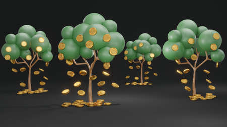 3D Rendering concept of investment. Tree with coins falling down on black background. 3D Render.