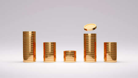 3D Rendering concept of treasury, money, financial. Gold coins stacks on white background. 3D Render. 3D illustration. Elevation view.の写真素材