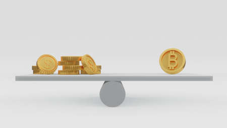 3D Rendering concept of financial: a balance with coins with $ on and  a coin with B on another...