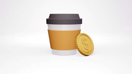 3D Rendering concept of a cup of coffee an a coin on white backgroundの写真素材