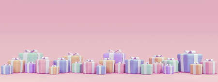 3d Rendering concept of online shopping, marketing, e-commerce banner. A lot of gift boxes in pastel theme for commercial background. 3d render. 3D illustration.の写真素材