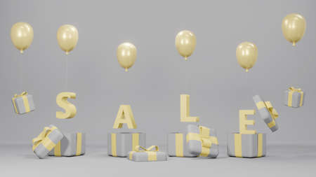 3D Rendering concept of online shopping: gift boxes, balloons and text SALE flying out from boxes on...