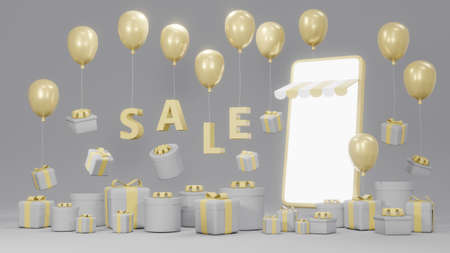 3D Rendering concept of E-commerce, online shopping: smartphone with gift boxes, balloons and text...