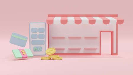 3D Rendering concept of online shopping: front view of online store with balnk shelves, a...