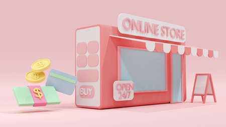 3D Rendering concept of online shopping: a smartphone with online store, dollar bill, coins,  credit card background. 3D render. 3D illustration.の写真素材