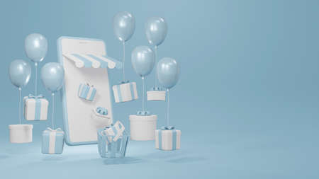 3D Rendering concept of E-commerce, online store shopping: smartphone with gift boxes and balloons for commercial design. 3D render.の写真素材