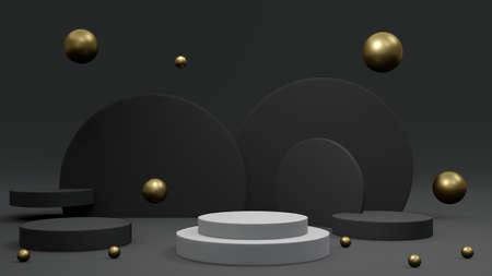 3D rendering concept of product display podiums with glowing and opaque geometry elements for commercial template design. 3D Render. Platform exhibition. Black and gold theme.の写真素材