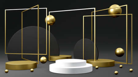 3D rendering concept of product display podiums with glowing and opaque geometry elements for...