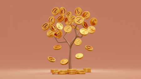 3d Rendering concept of financial growth. Money tree with coins falling down on background. 3D Render. 3D illustration. Pound sterling.の写真素材