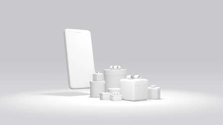 3D Rendering concept of online shopping: smartphone with gift boxes in white theme for commercial design. 3D render.の写真素材