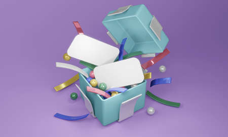 3D rendering concept of open gift box to show geometric elements and blank papers for commercial design. 3D render. 3D illustration.の写真素材