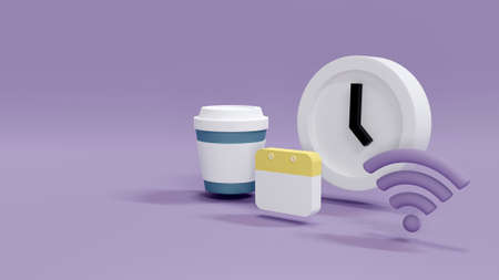 3D Rendering concept of time and money management: a clock, a Wifi internet icon, a calendar and a...