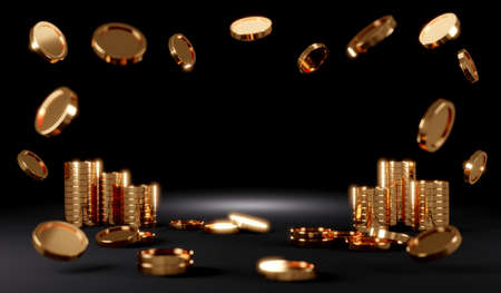 3D Rendering concept of scene of golden coins with space for text on black background. 3D render. 3D illustration.の写真素材