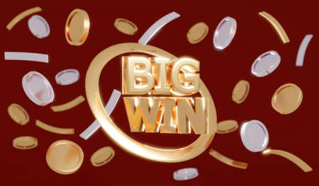 3D Rendering concept of money treasury, casino winning bonus background. Rain coins with text Big win and blurred coins foreground on red background. 3D Render. 3D illustration. Coins falling.の写真素材