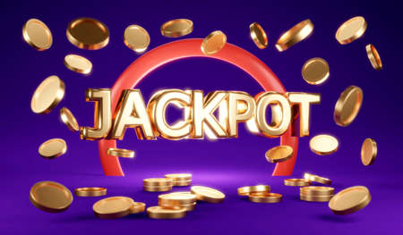 3D Rendering concept of money treasury, casino winning bonus coins background. Rain coins with text JACKPOT purple background. 3D Render. 3D illustration. Coins falling.の写真素材