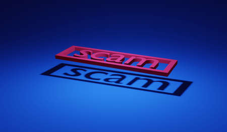 3D rendering concept of anonymous scamming online. Word scam with shadow on ground in red and dark...