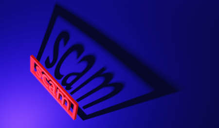 3D rendering concept of anonymous scamming online. Word scam with shadow on ground in red and dark blue background. 3D Rendering. 3D illustration.の写真素材