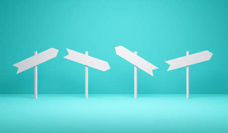 3D Rendering concept of different opinion concept. Direction signs pointing on different direction...