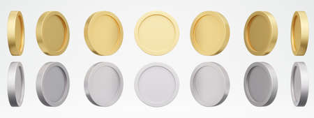 3D Rendering concept of golden and silver coins. Set of spinning gold silver coins in many views rotate in different angles isolated on white background. 3D Render. 3d illustration.の写真素材