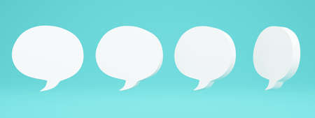 3D Rendering concept of speech bubbles. Set of spinning speech bubbles quote isolated on blue background. 3d illustration. Rotation of speech bubbles icons at different angles.の写真素材