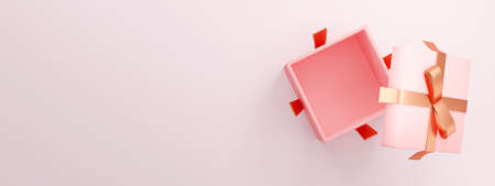 3D rendering concept of holiday, wedding,birthday present background. Pink present box opens up showing blank space inside for commercial design. Top view empty gift box on long background. 3D render.の写真素材