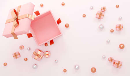 3D Rendering concept of opened gift box top view. Present showing empty space inside with small...
