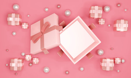 3D Rendering concept of top view of opened gift box showing empty space inside with small presents...