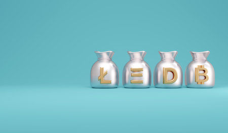 3D Rendering concept of cryptocurrency. Cryptocurrency money bag with space for text on background....