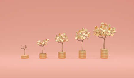 3D Rendering of growing of money tree with coin leave arrange small to big on stack of coin on...