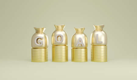 3D Rendering concept of financial goal money bag on coins on background. 3D Render illustration.の写真素材