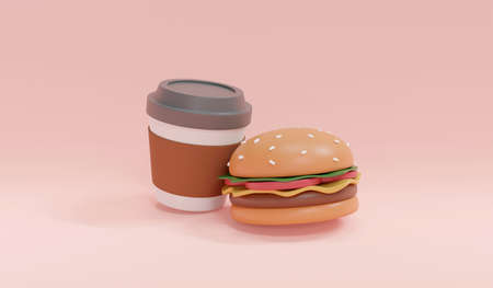 3d Rendering concept of food, American breakfast. A cup of coffee with burger on pink background. 3D Render. 3D illustration. Minimal design template.の写真素材