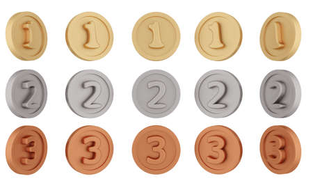 3D Rendering set of spinning gold silver bronze medals rotate in different angles isolated on white...