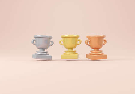 3D Rendering concept of winner. Set of trophy in gold silver bronze on pink background. 3D Render....