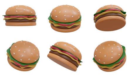 3D Rendering concept of food. Set of spinning burger in many views rotate in different angles...
