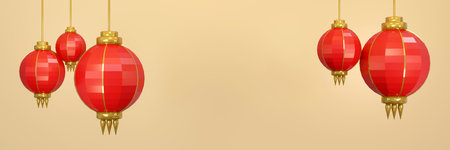 3D Rendering of red Chinese lantern on background banner with copy space concept of happy Chinese new year. 3D Render illustration.の写真素材