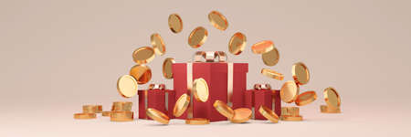 3D Rendering of red gift box with gold ribbon bow open with coins falling out on red background. 3D render illustration.の写真素材
