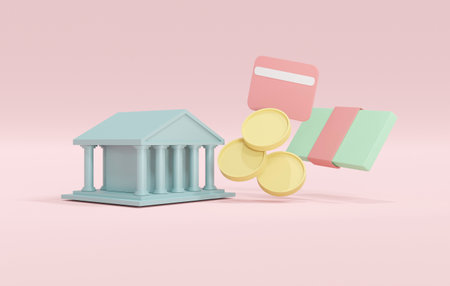 3D Rendering concept of online banking bank icon coins card money bills. 3D Render illustration.の写真素材