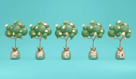 3D Rendering concept of investment money tree with symbols of cryptocurrency lite coin, bitcoin, ethereum, dogecoin on background. 3D Render illustration.の写真素材