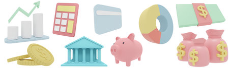 Set of 3D Rendering of minimal pastel money investment elements isolate on white background. 3D Render illustration.の写真素材