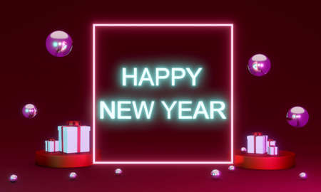 3D Rendering concept of Happy new year text with elements composition background. 3D Render. 3D illustration.の写真素材