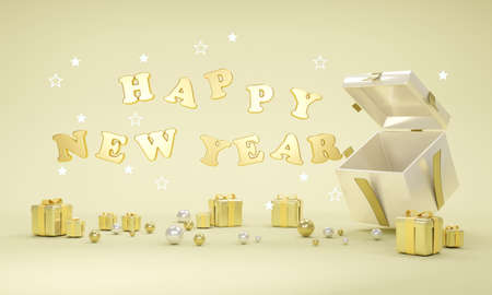 3D Rendering concept of Happy new year text floating from gift box in gold theme. 3D Render. 3D illustration.の写真素材