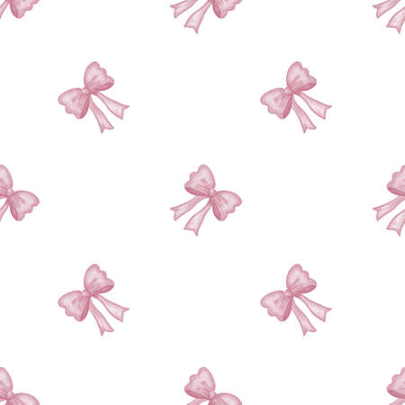 Cute seamless hand drawn watercolor pink bow ribbon pattern backgroundの写真素材