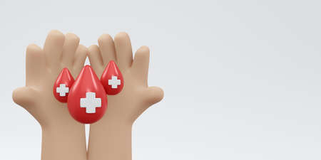 3D Rendering of hand holding blood drop with red cross sign background, banner, card, poster concept of world blood donation day. 3D Render illustration cartoon style.の写真素材