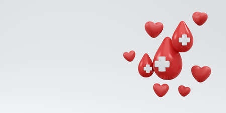 3D Rendering of blood drop with red cross sign with copy space background, banner, card, poster...