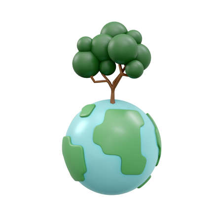 3D Rendering of earth and tree icon concept of World Environment Day background, banner, card, poster. 3D Render illustration cartoon style.の写真素材