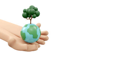 3D Rendering of hand holding earth and tree icon concept of World Environment Day background, banner, card, poster. 3D Render illustration cartoon style.の写真素材