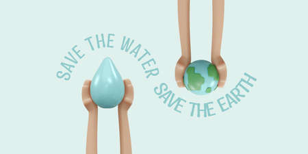 3D Rendering of hand holding earth and water drop icon concept of save world water earth day background, banner, card, poster with text inscription. 3D Render illustration cartoon style.の写真素材