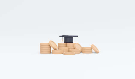 3d rendering of graduation cap icon and coins concept of saving money for education on background. 3d render illustration cartoon style.の写真素材